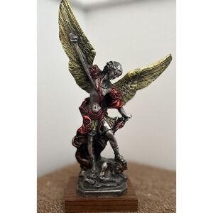 The Christian World Pewter & Enamel St. Michael Archangel Statue on Wood Base